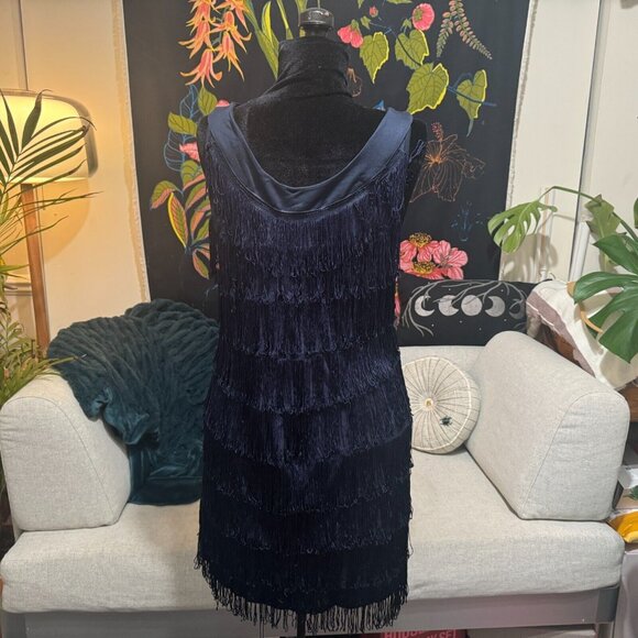 H&M, The Look: 1920's Flapper, Fringe Mini Cocktail Dress, Blue, Large - Picture 3 of 12